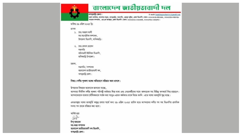 মানিকছড়ি উপজেলা বিএনপির দুই নেতাকে বহিষ্কার